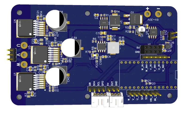 3D render of a three-phase brushless motor driver board with three gate drivers, power inductors and phase output terminals