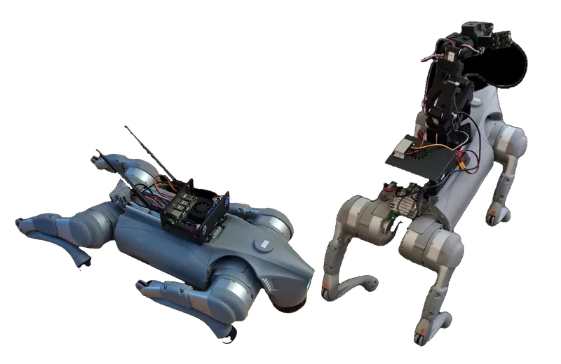 The same Unitree Go2 in two configurations: lying down carrying only its onboard computer and antennas, and standing with an SO-101 manipulator arm mounted on its back