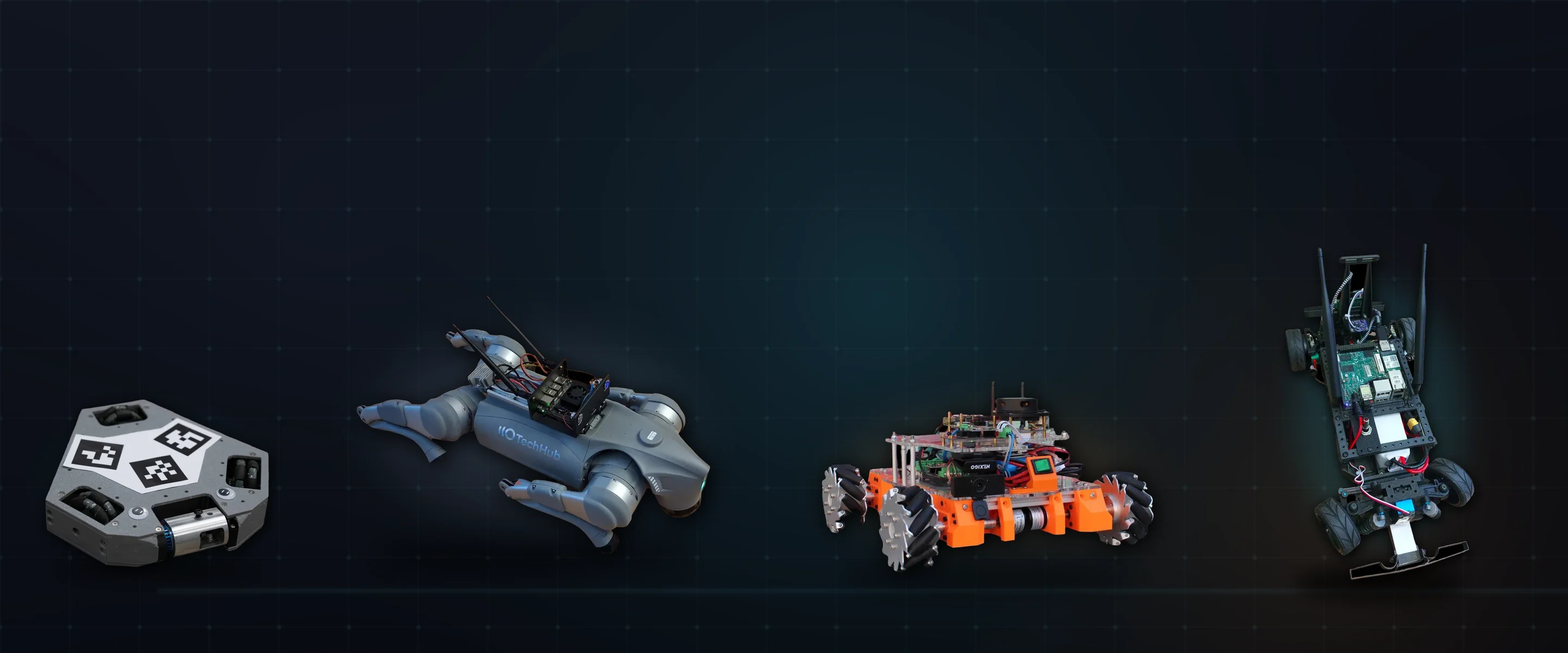 Four robots built by Jakob Friedl: a hexagonal combat robot, a quadruped, a mecanum-wheel rover and an RC car with onboard compute