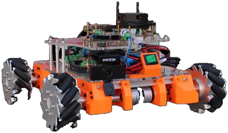 Orange mecanum-wheel rover with exposed electronics, a depth camera and a LiDAR module